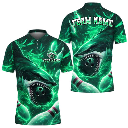 Custom Shark Cyan Bowling Polo Shirt For Men,Custom Shark Bowling Team Shirts BE0155