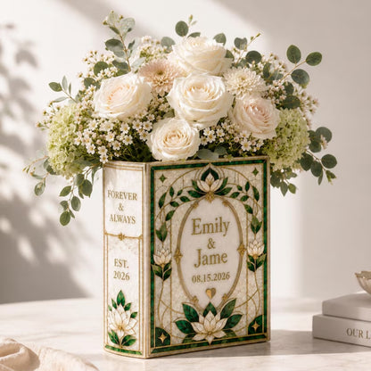 Personalized Emerald Green Stained Glass Ceramic Book Vase For Wedding Engagement, Custom Wedding Stained Glass Book Vase WD0656