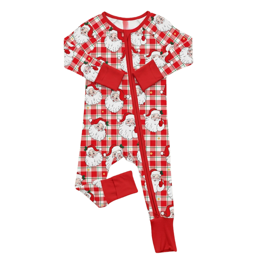Funny Santa Red Plaid Baby Convertible Romper Zipper, Christmas Baby Romper Convertible BB0844