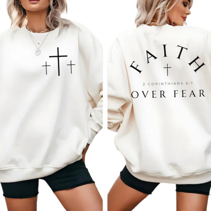 Faith over Fear 2 Corinthians 5:7 Sweatshirt, Minimal Christian Cross Sweatshirt 2D0308
