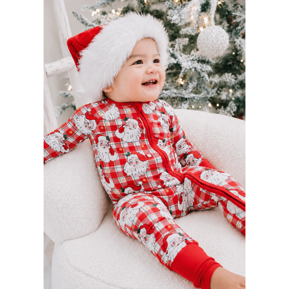 Funny Santa Red Plaid Baby Convertible Romper Zipper, Christmas Baby Romper Convertible BB0844