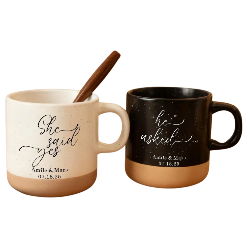 She Said Yes He Asked Personalized Engaged Pottery Mug For Couple, Custom Engagement Wedding Mug WD0368