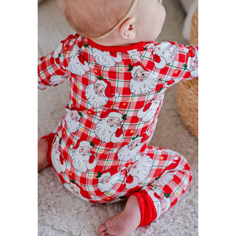 Funny Santa Red Plaid Baby Convertible Romper Zipper, Christmas Baby Romper Convertible BB0844