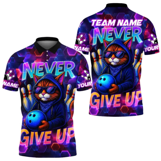 Never Give Up Custom Cat Neon Bowling Men's Polo Shirt, Custom Funny Cat Bowling Shirts For Team BE0156