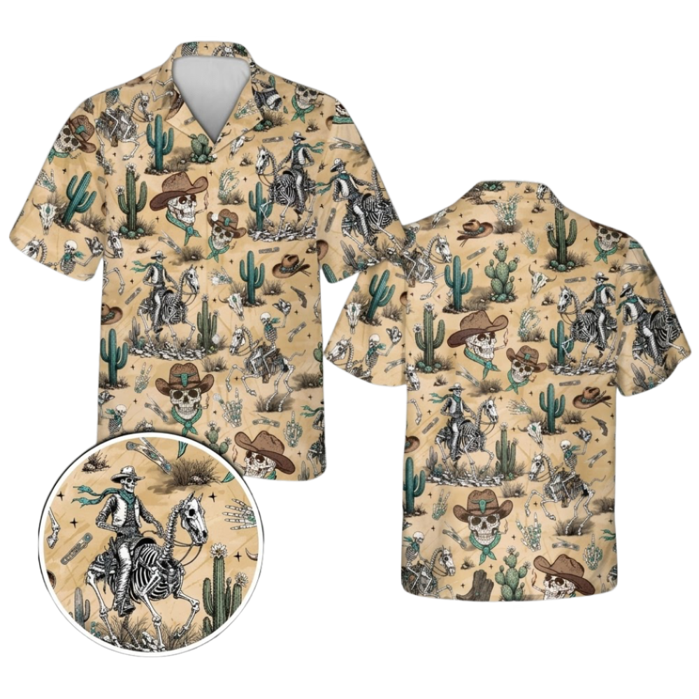 Cowboy Skeleton Vintage Hawaiian Shirt For Men, Western Skull Hawaiian Shirt HE0782