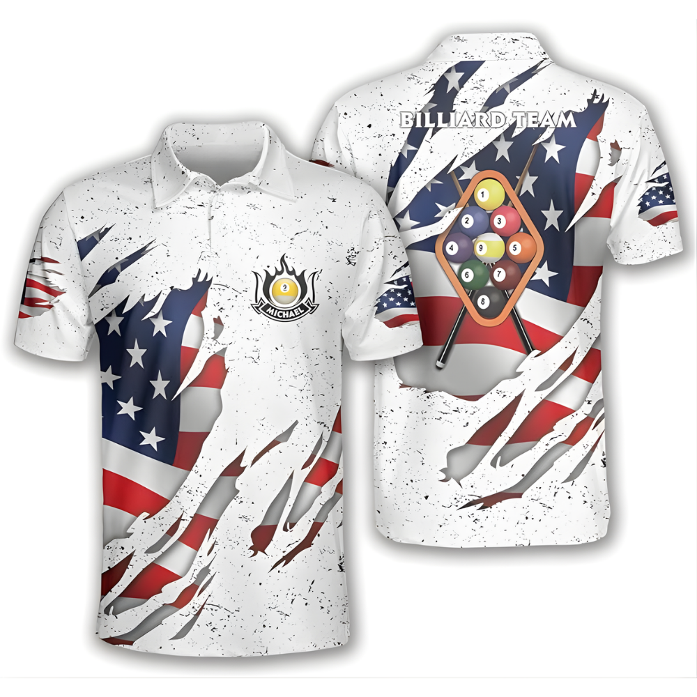 Custom White Grunge USA Flag Billiard Polo Shirt Mens, Custom Patriotic Billiard Team Shirts BIZ0095