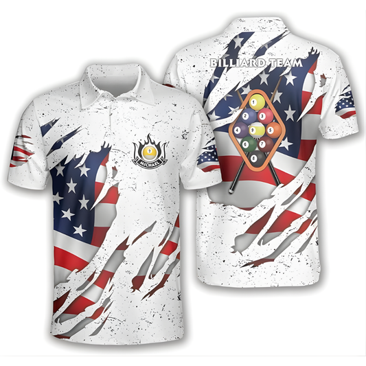 Custom White Grunge USA Flag Billiard Polo Shirt Mens, Custom Patriotic Billiard Team Shirts BIZ0095