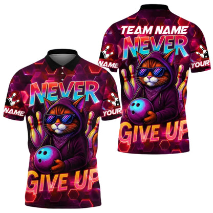 Never Give Up Custom Cat Neon Bowling Men's Polo Shirt, Custom Funny Cat Bowling Shirts For Team BE0156