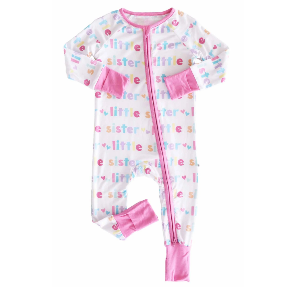 Little Sister Pink White Baby Convertible Zippy Romper, Lil Sister Baby Romper Convertible BB0845