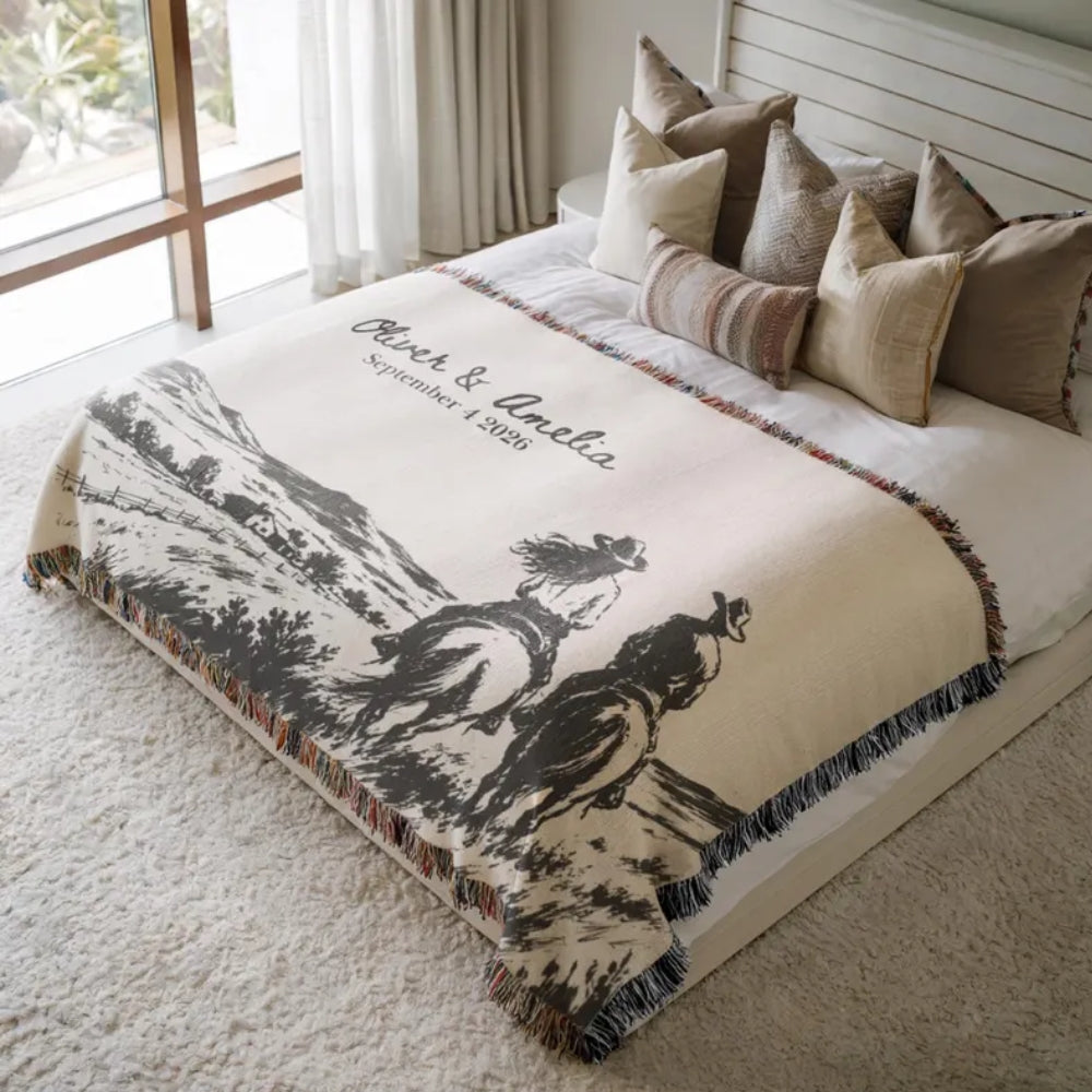 Personalized Cowboy Cowgirl Vintage Woven Blanket For Couple, Custom Western Wedding Blanket WD0352