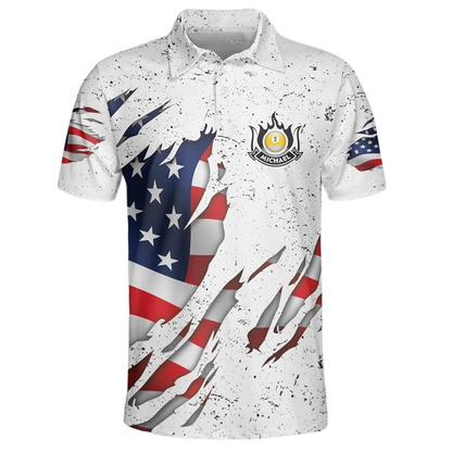 Custom White Grunge USA Flag Billiard Polo Shirt Mens, Custom Patriotic Billiard Team Shirts BIZ0095