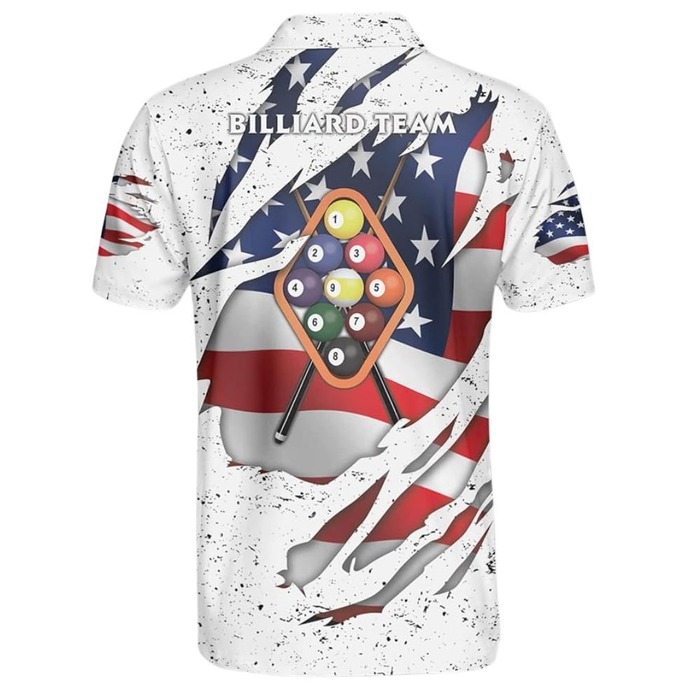 Custom White Grunge USA Flag Billiard Polo Shirt Mens, Custom Patriotic Billiard Team Shirts BIZ0095