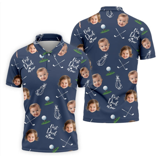 Best Dad By Par Custom Kid Faces Golf Polo Shirt For Men Blue, Custom Photo Golf Shirt For Father's Day GZ0217