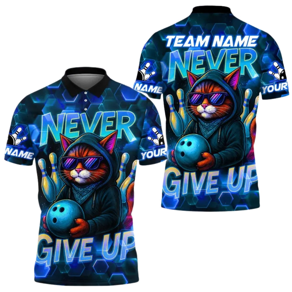 Never Give Up Custom Cat Neon Bowling Men's Polo Shirt, Custom Funny Cat Bowling Shirts For Team BE0156