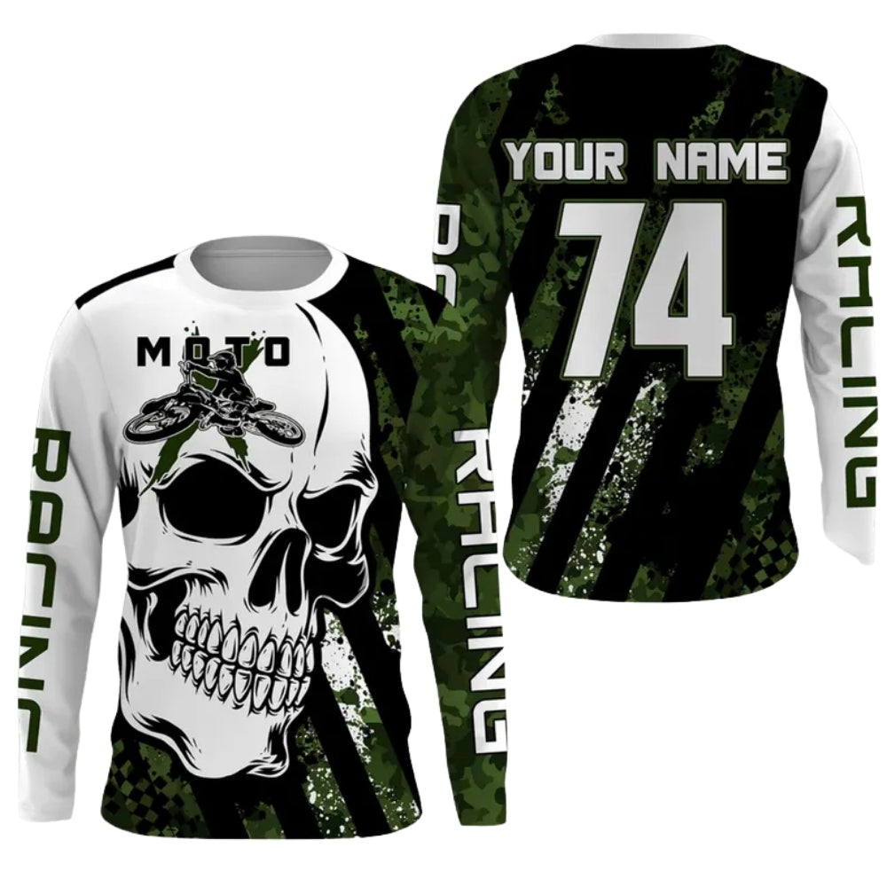 Custom Skull Green And White Motocross Long Sleeve Shirt For Men, Custom Skull Motocross Shirts ME0005
