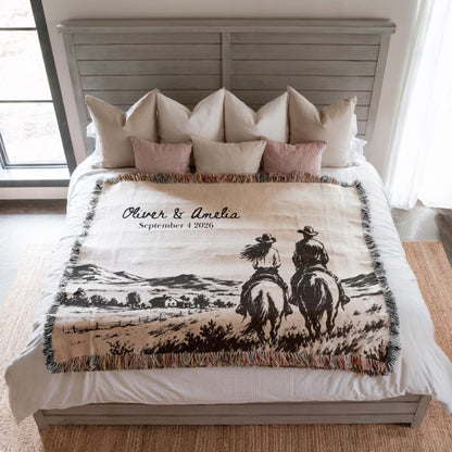 Personalized Cowboy Cowgirl Vintage Woven Blanket For Couple, Custom Western Wedding Blanket WD0352