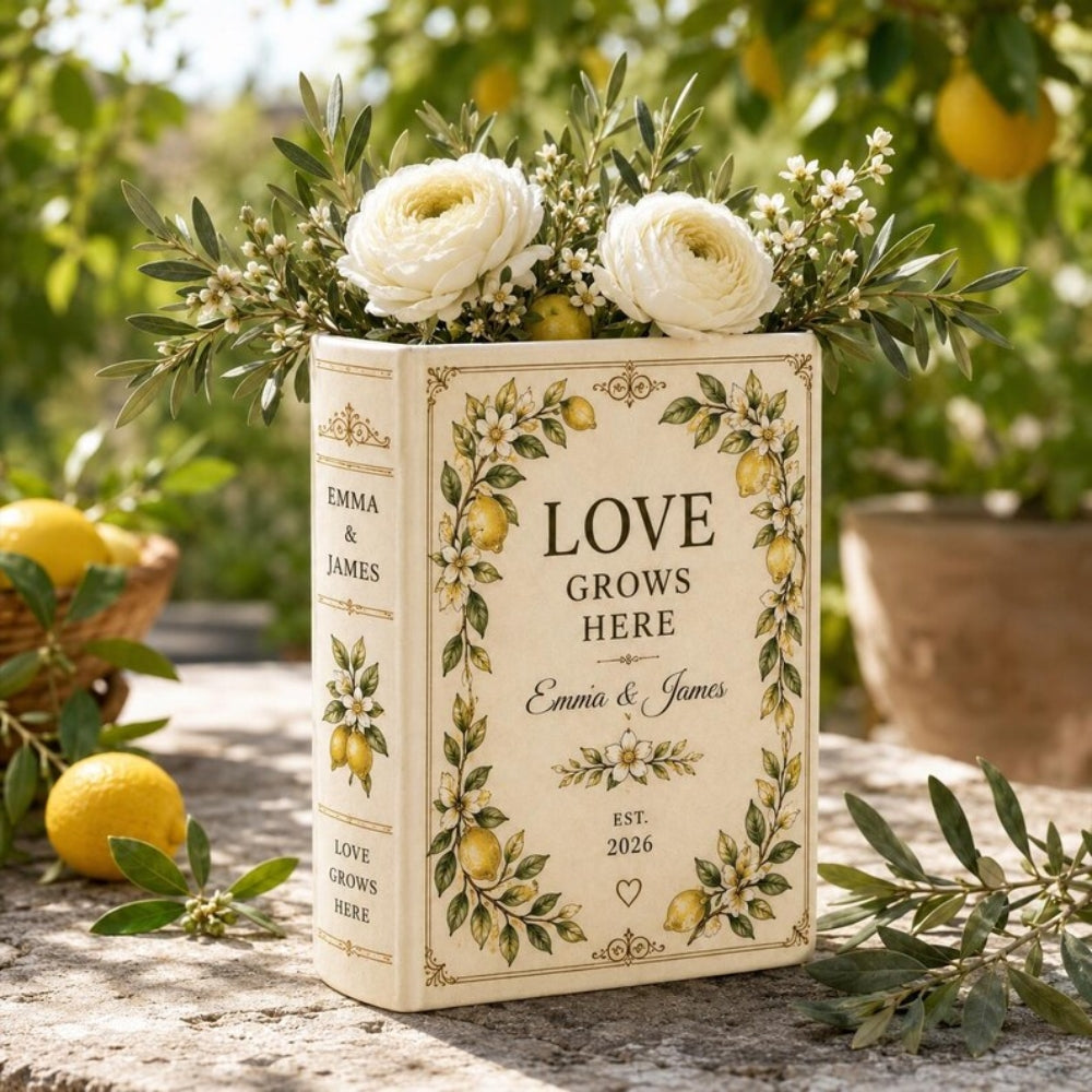 Love Grows Here Custom Lemon Blossom Wedding Ceramic Book Vase, Custom Lemon Book Vase For Wedding Engagement WD0658