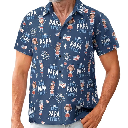Best Papa Ever Custom Kid Face Patriot Hawaiian Shirt, Custom Photo 4th Of July Hawaiian Shirt Father's Day HE0268
