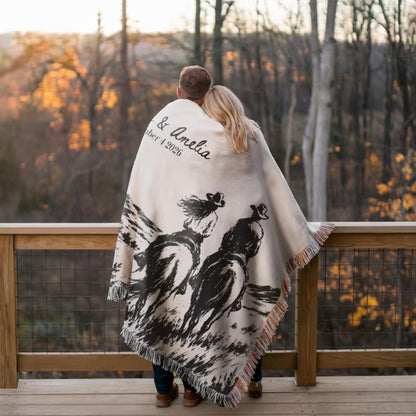 Personalized Cowboy Cowgirl Vintage Woven Blanket For Couple, Custom Western Wedding Blanket WD0352