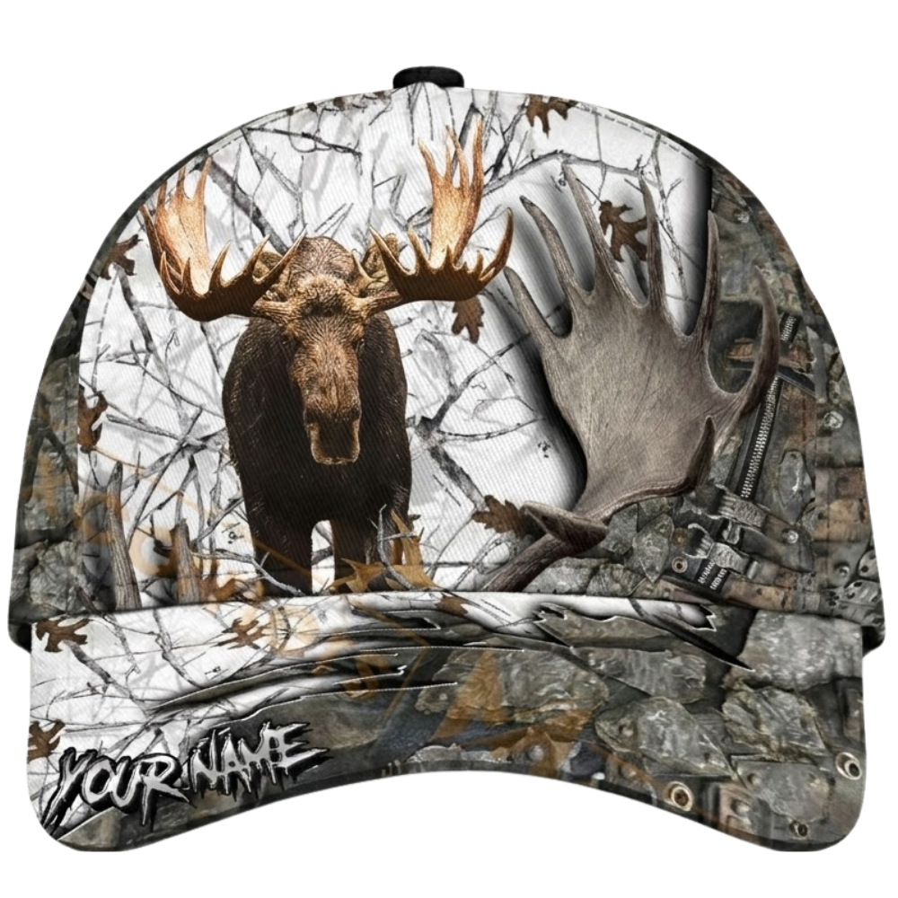 Custom Moose Hunting Camo 3D Baseball Cap, Personalized Hunting Cap Hat For Hunter CP0542