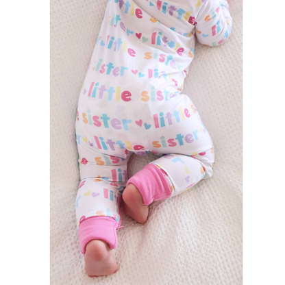 Little Sister Pink White Baby Convertible Zippy Romper, Lil Sister Baby Romper Convertible BB0845