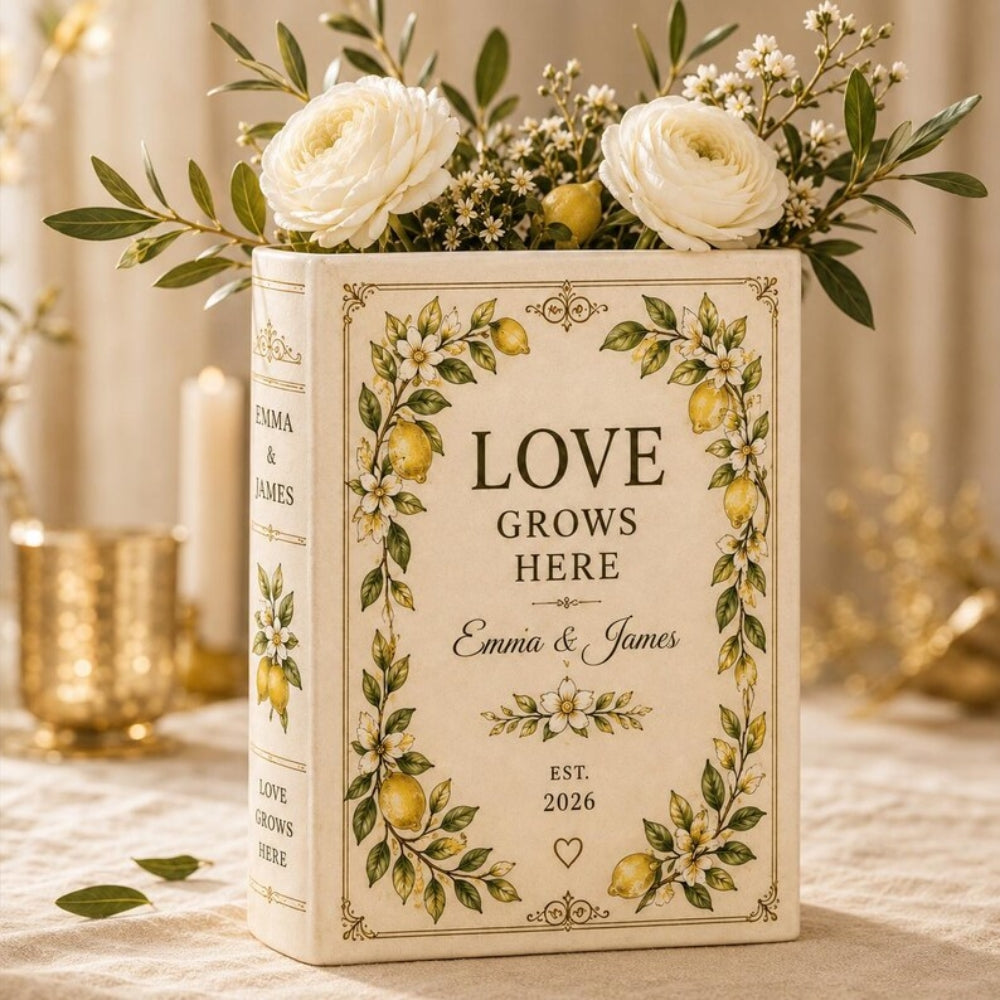 Love Grows Here Custom Lemon Blossom Wedding Ceramic Book Vase, Custom Lemon Book Vase For Wedding Engagement WD0658
