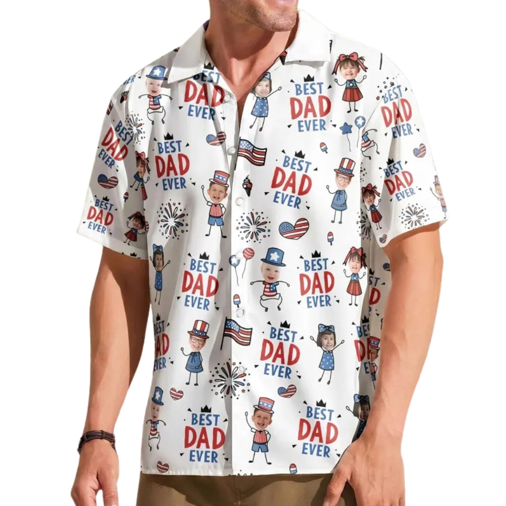 Best Papa Ever Custom Kid Face Patriot Hawaiian Shirt, Custom Photo 4th Of July Hawaiian Shirt Father's Day HE0268