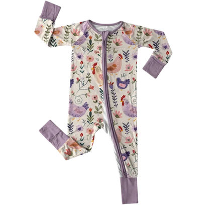 Chicken Floral Purple Baby Convertible Zipper Romper, Chicken Convertible Romper Baby BB0627