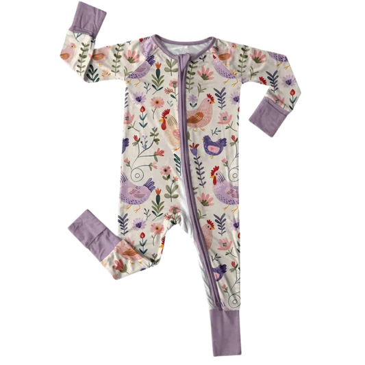 Chicken Floral Purple Baby Convertible Zipper Romper, Chicken Convertible Romper Baby BB0627