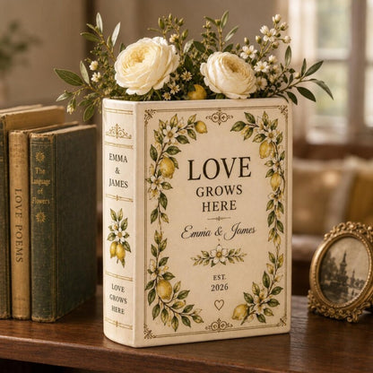 Love Grows Here Custom Lemon Blossom Wedding Ceramic Book Vase, Custom Lemon Book Vase For Wedding Engagement WD0658