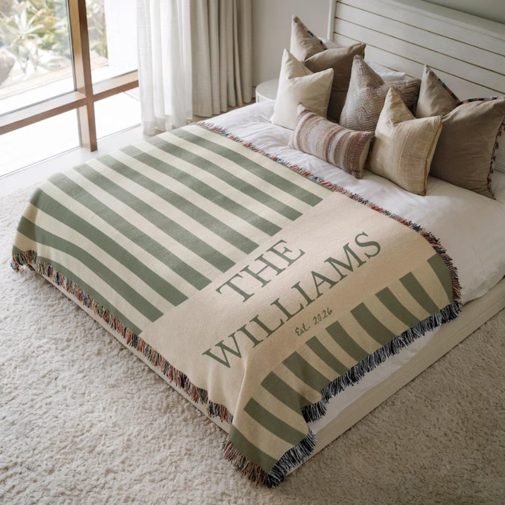 Personalized Vintage Green Striped Woven Blanket With Last Name, Custom Wedding Blanket For Couple WD0353
