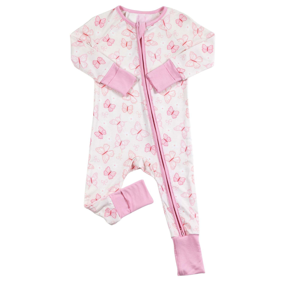 Pink Butterflies Baby Girl Convertible Zippy Romper, Butterfly Baby Romper Convertible BB0846
