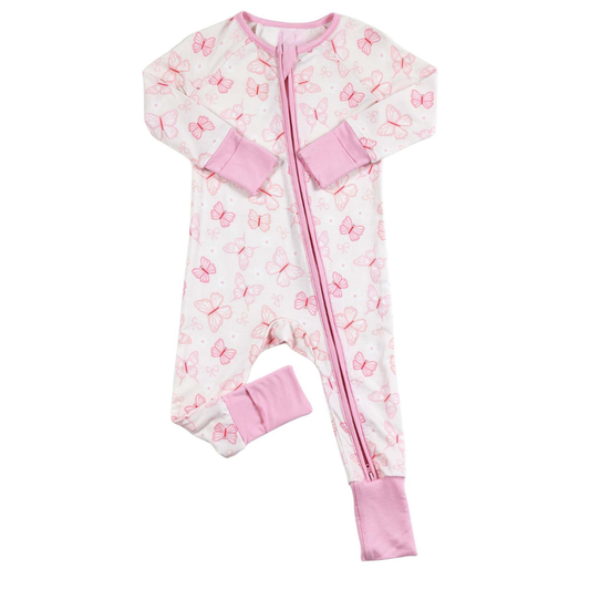 Pink Butterflies Baby Girl Convertible Zippy Romper, Butterfly Baby Romper Convertible BB0846