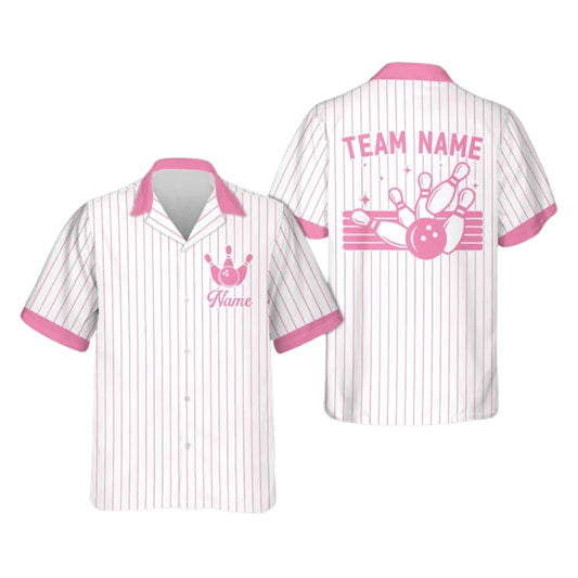 Custom Team Stripe White And Pink Bowling Hawaiian Shirt For Women Men, Custom Bowling Team Shirts BE0157