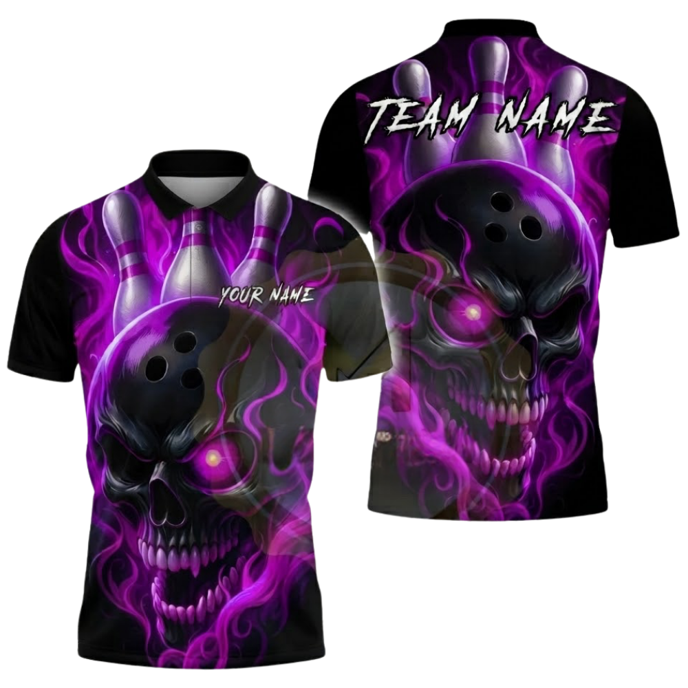 Custom Skull Pink Flame Bowling Polo Shirt For Men, Custom Skull Bowling Team Shirts BZ0613