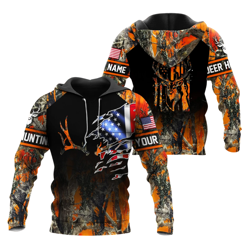 Custom Deer Hunting American Flag 3D Hoodie Camo Forest, Custom Deer Hunter Hoodie With Name 2D1192