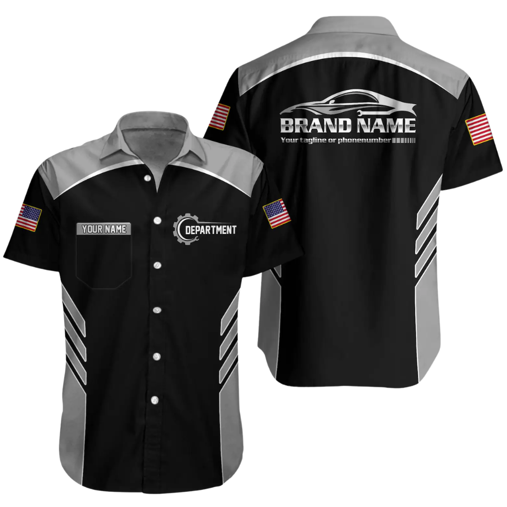 Personalized Racing Team Workwear Button Hawaiian Shirt Men, Custom Mechanic Uniform Shirts For Company HE0379