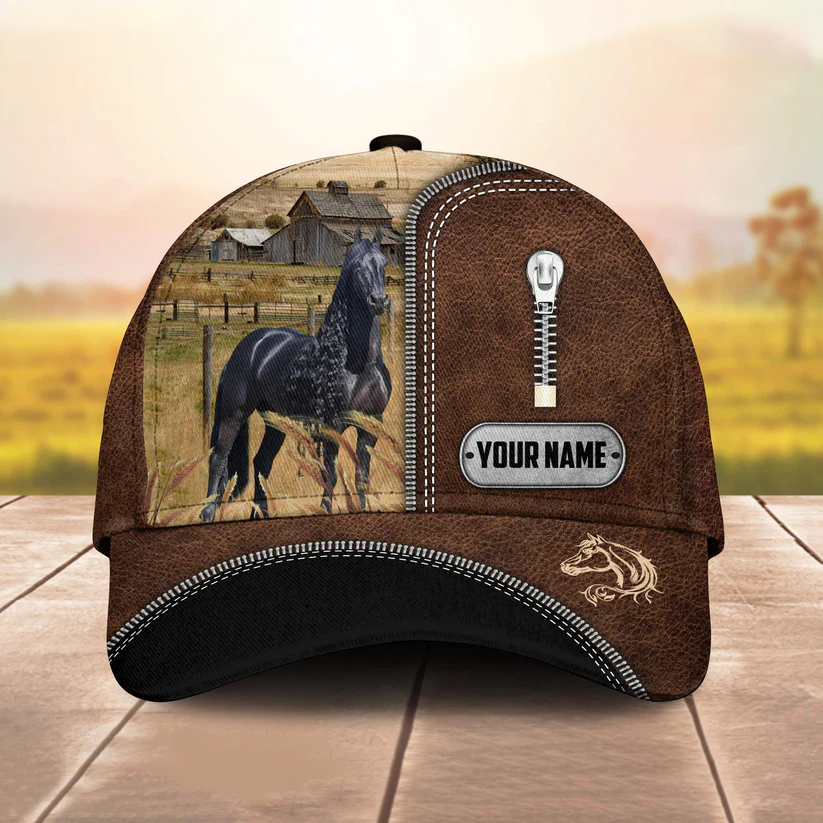 Black Horse Leather Zip Pattern Customized Name Cap CA0187