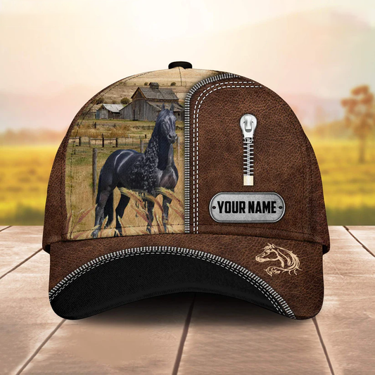 Black Horse Leather Zip Pattern Customized Name Cap CA0187
