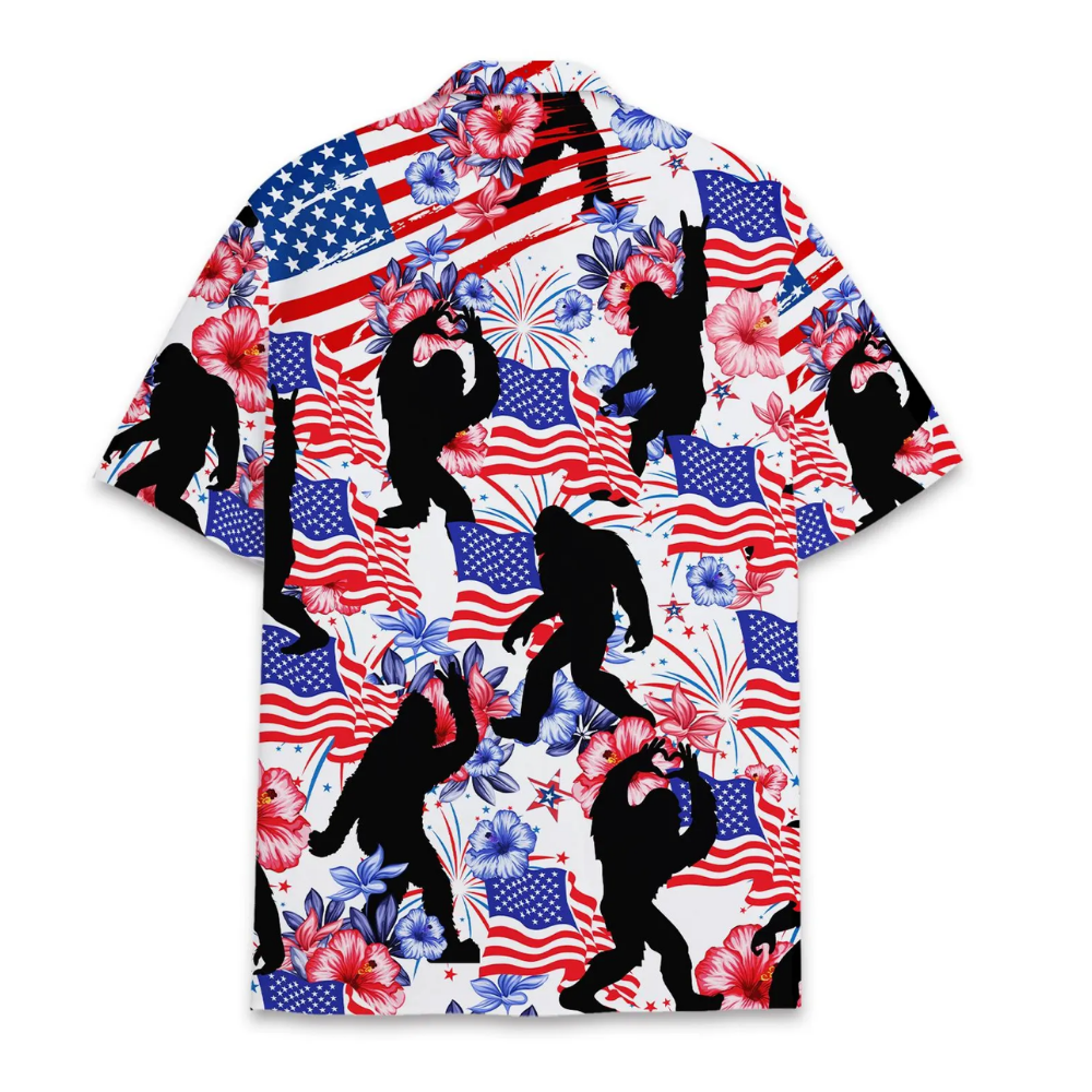 Tropical American Flag Bigfoot Hawaiian Shirt Mens, Sasquatch Independence Day Aloha Hawaiian Shirts HE0466