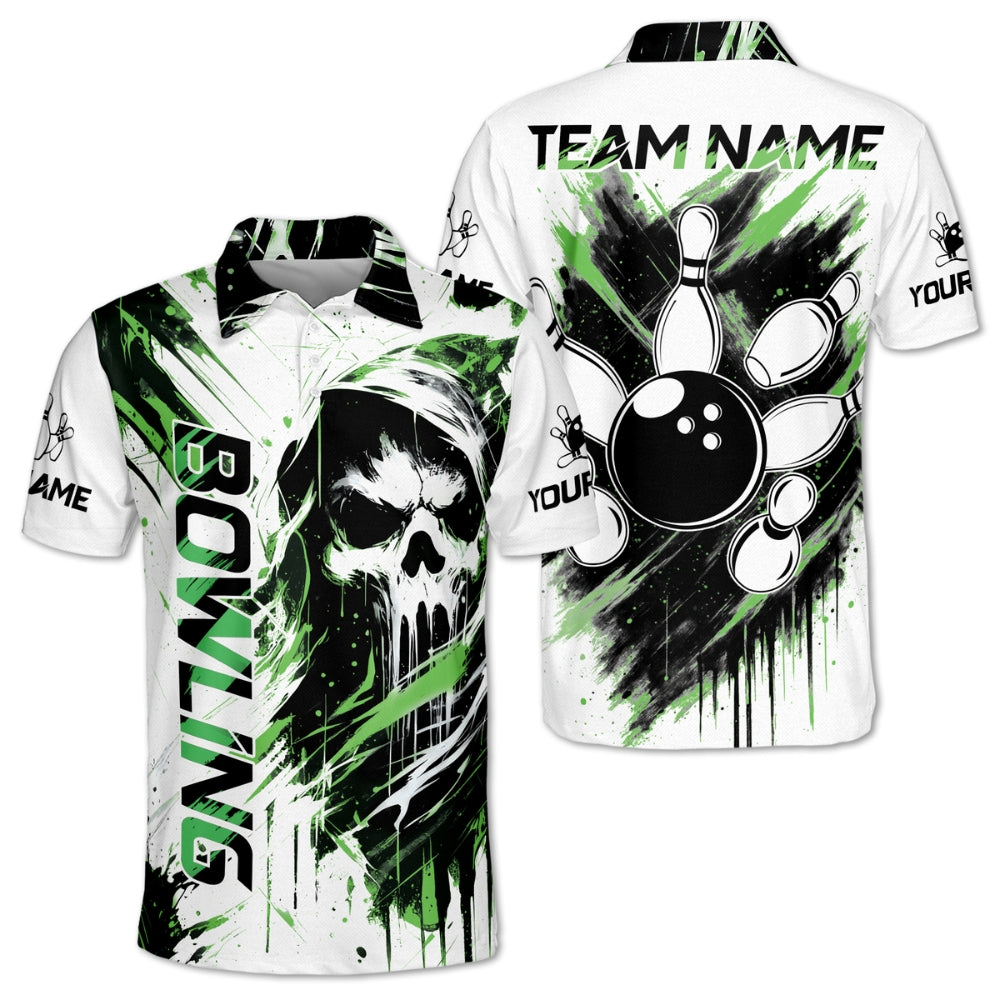 Custom Skull Black White Bowling Polo Shirt Men, Custom Team Skull Bowling Shirts BM0344