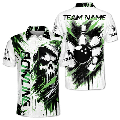 Custom Skull Black White Bowling Polo Shirt Men, Custom Team Skull Bowling Shirts BM0344