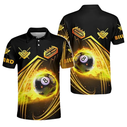 Custom Red Flame 8 Ball Billiard Men Polo Shirts, Custom Flame Pool Billiard Shirts BIZ0157