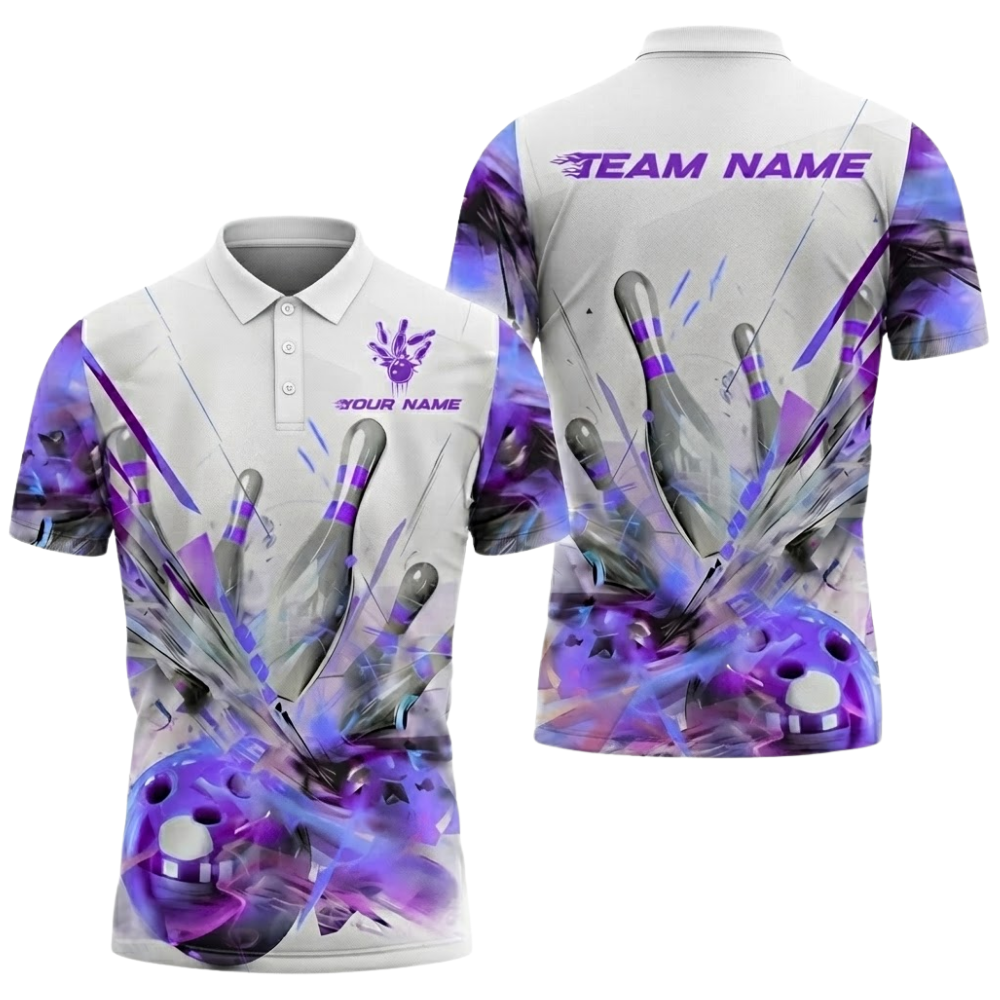 White And Pink Custom Break Ball Bowling Polo Shirt For Men, Custom Bowling Team Shirts BZ0761