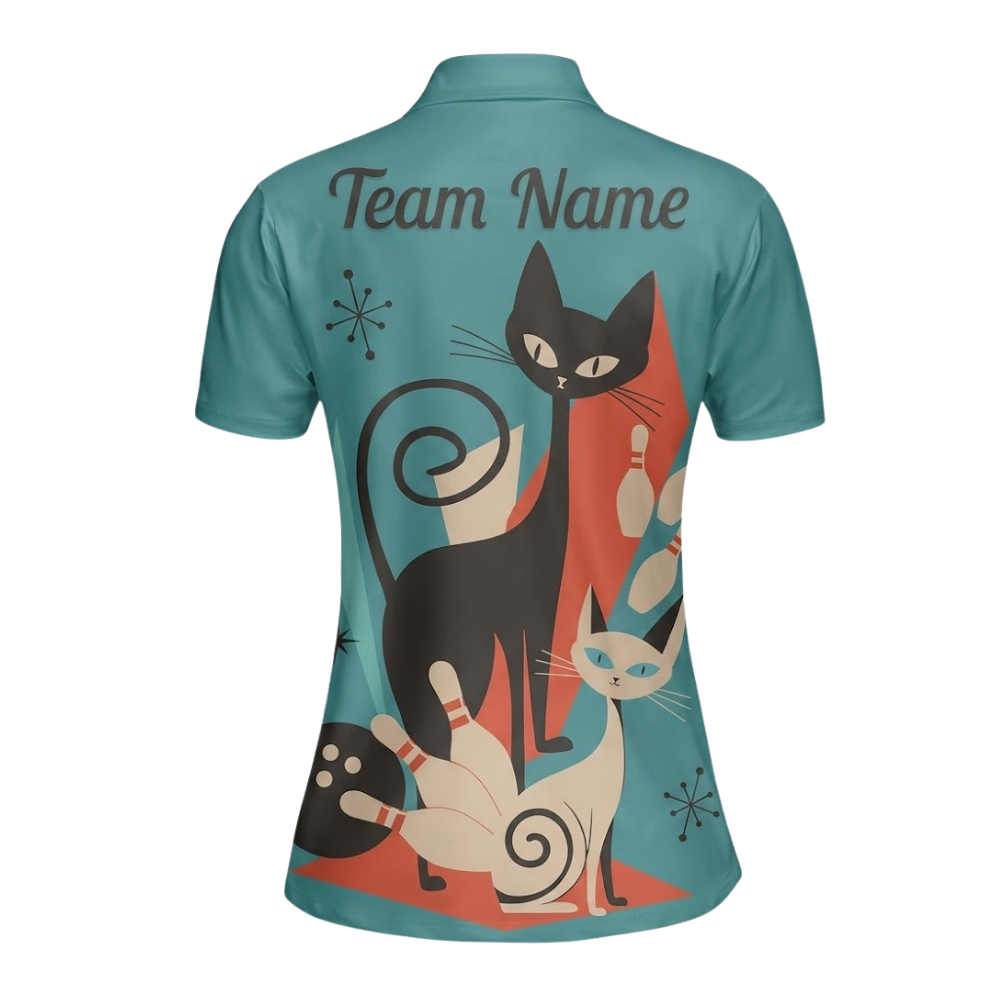Women's Custom Vintage Cat Bowling Polo Shirt Cyan, Custom Cat Bowling Team Shirt For Ladies BZ0774