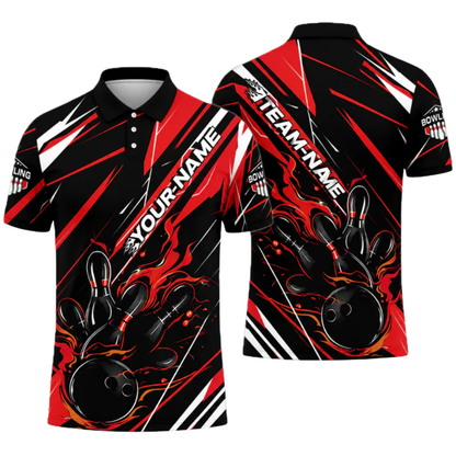 Custom Flame Orange And Black Mens Bowling Polo Shirt, Custom Flame Bowling Team Shirt BZ0484