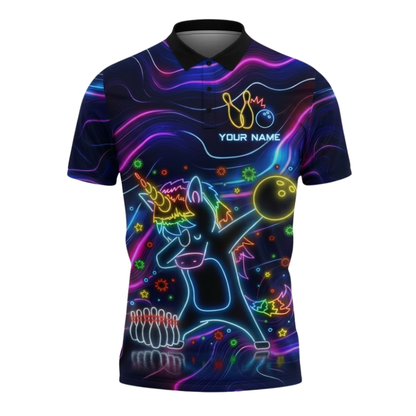 Funny Unicorn Custom Neon Bowling Mens Polo Shirts, Custom Unicorn Bowling Team Shirts BZ1113
