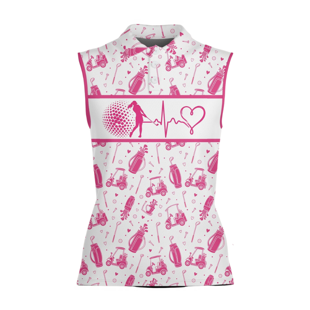 Women's Heartbeat Pink And White Sleeveless Golf Shirt, Pink Golf Shirt For Ladies GE0602