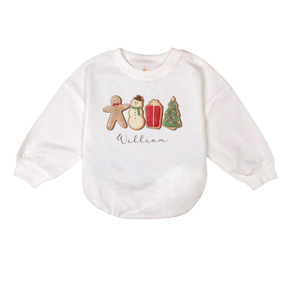 Custom Name Gingerbread Snowman Christmas Tree Baby Romper Sweater, Custom Christmas Baby Romper Sweatshirt BB0206