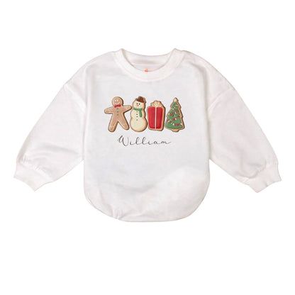 Custom Name Gingerbread Snowman Christmas Tree Baby Romper Sweater, Custom Christmas Baby Romper Sweatshirt BB0206
